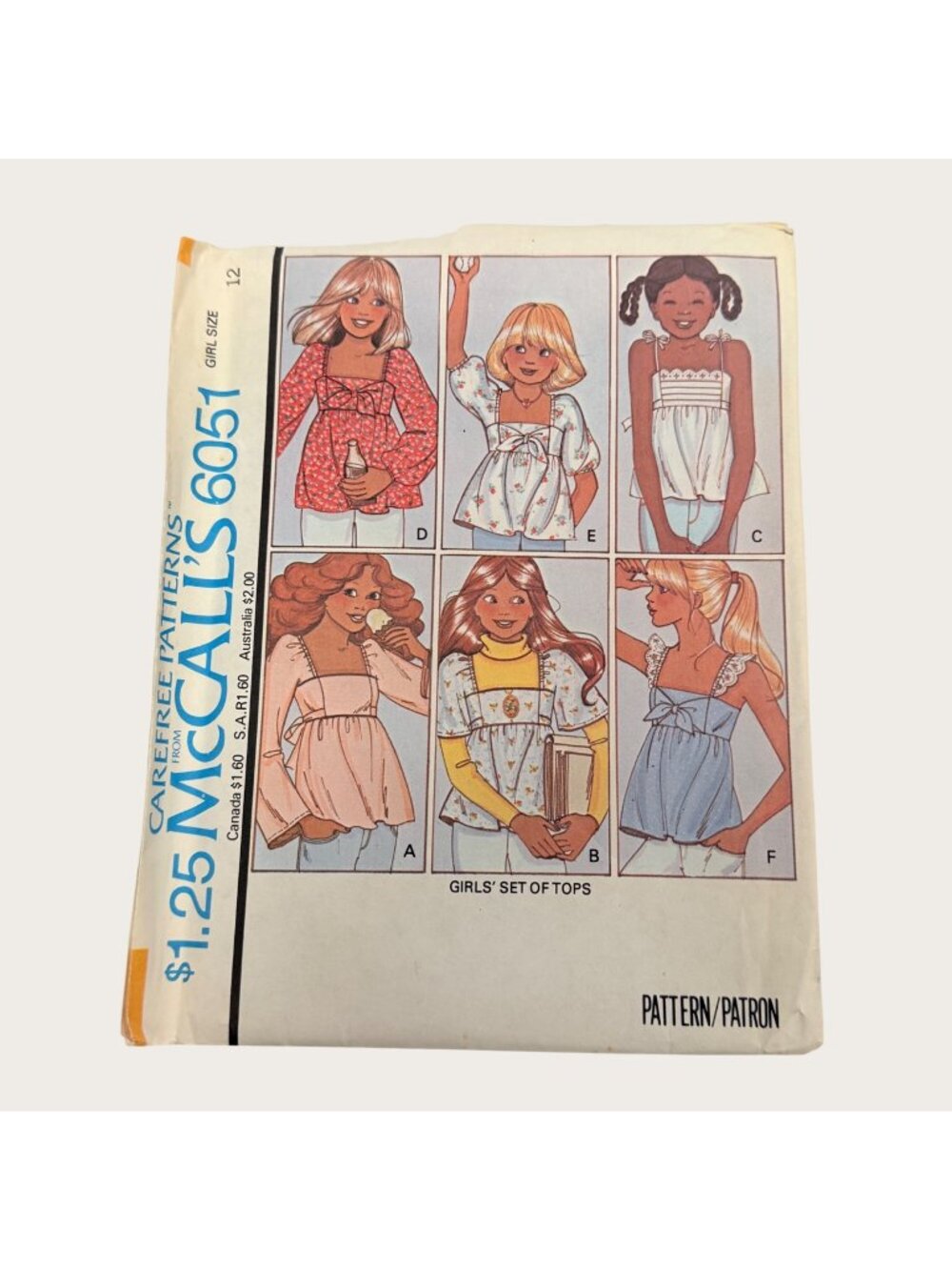 Vintage 1970s McCalls Sewing Pattern 6051 Girls Tops Size 12 Uncut